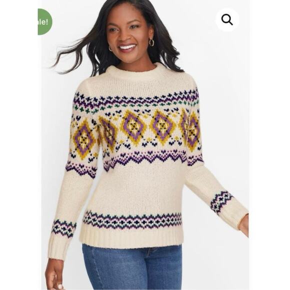 Talbots Fair Isle wool blend mockneck sweater ivory multicolor size small - Picture 2 of 14